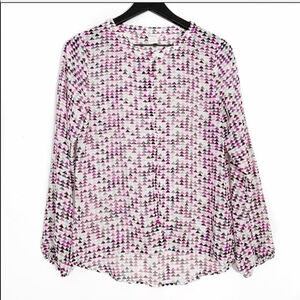 Ariat XS Geometric Print Blouse – Pink Purple Gray Long Sleeve Sheer Western Top